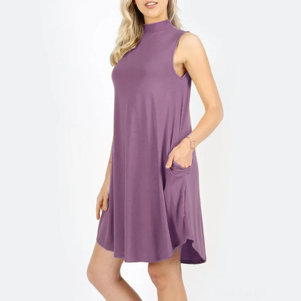 Contemporary Casual Sleeveless Mock-neck Shift Dress